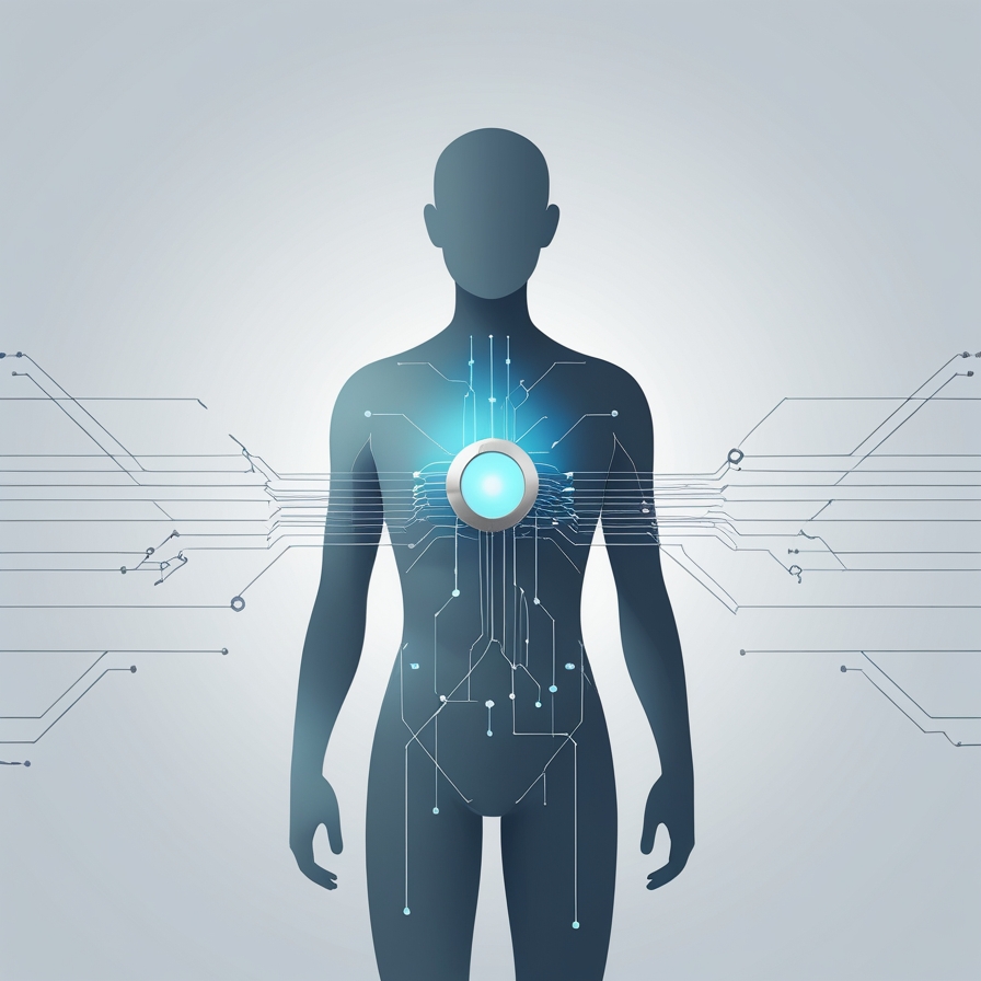 Illustration of a human figure with a glowing sensor-like element in the chest, connected to electronic circuits—symbolizing advanced bioelectrical Early Hemorrhage Monitoring and non-invasive diagnostics for Early Blood Loss and cardiovascular health.