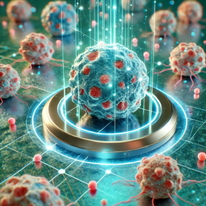 3D illustration of a cell with membrane damage visualized through digital bioimpedance data, representing cytotoxic effects detected using the Sciospec ISX-3 impedance analyzer.