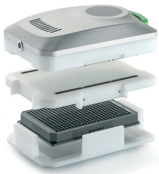 Exploded view of the impedance spectroscopy sensor array and hardware architecture inside the OrganoTEER.